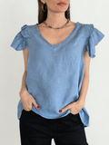 Blusa Italiana 100% Lino Mangas Irregulares, color Celeste