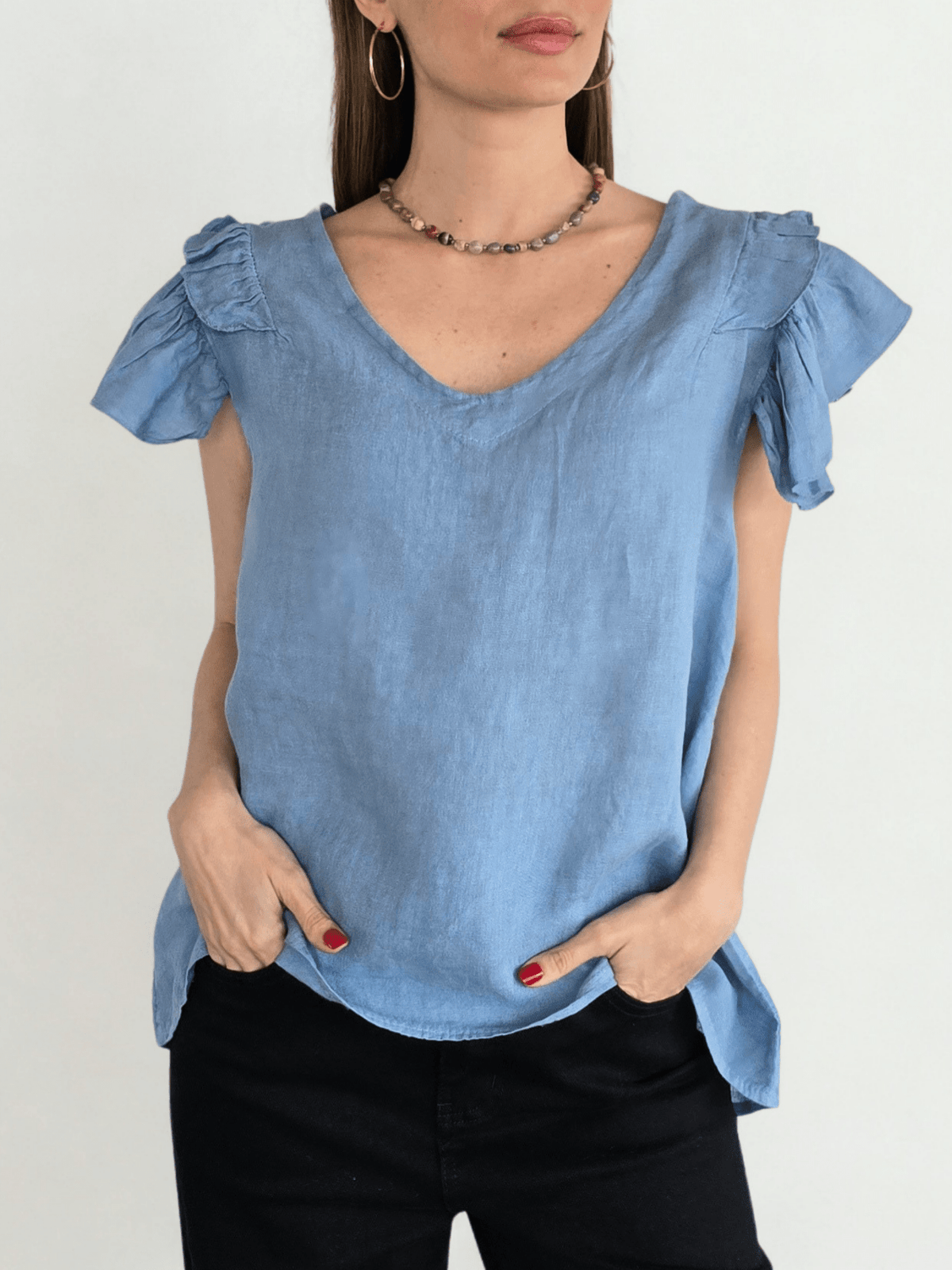 Blusa Italiana 100% Lino Mangas Irregulares, color Celeste