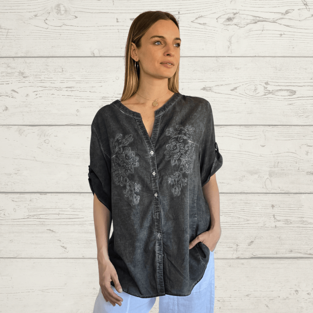 Blusa Bordada Teñida, color Gris