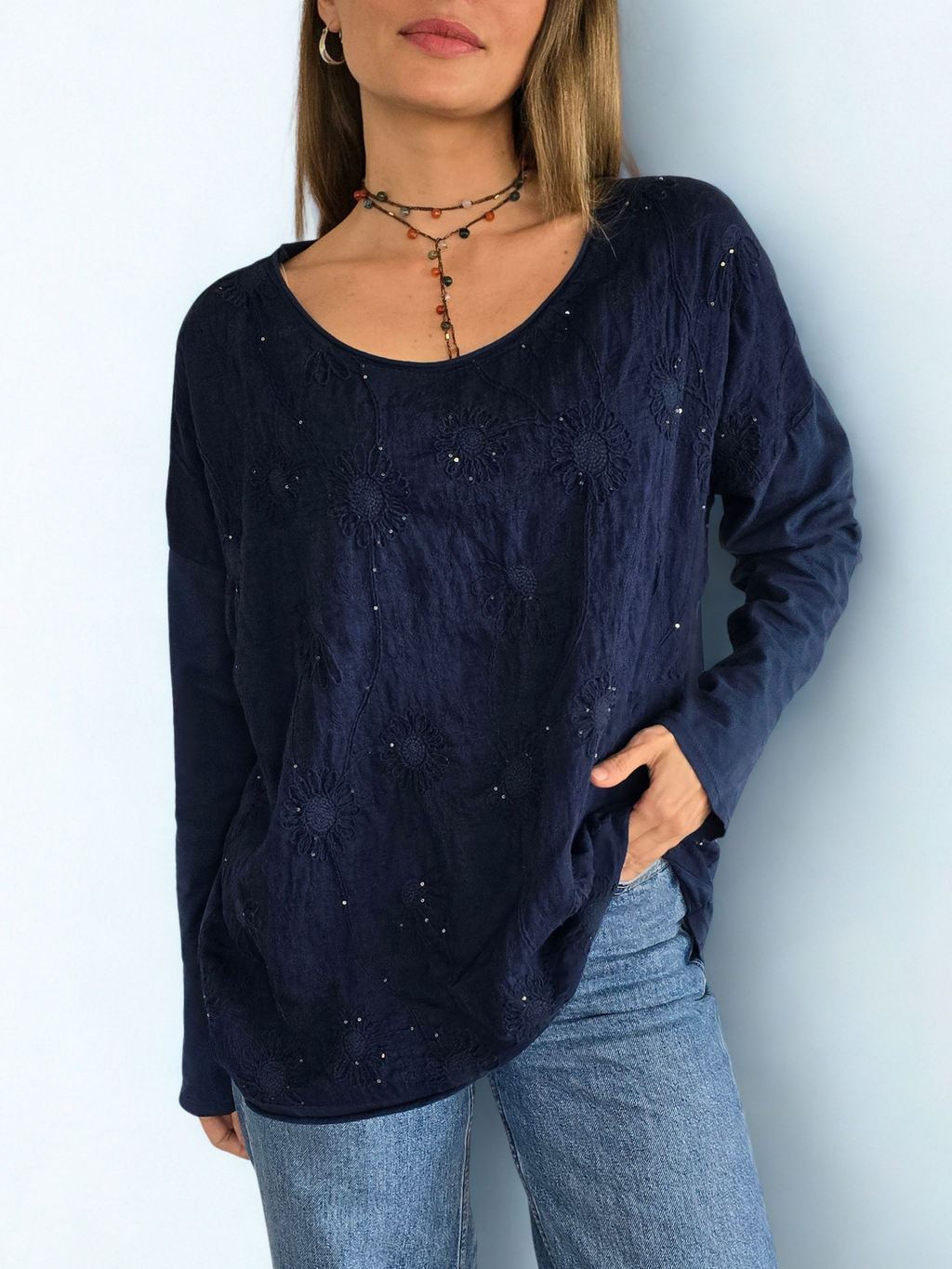 Blusa Italiana Bordada, color Azul Marino