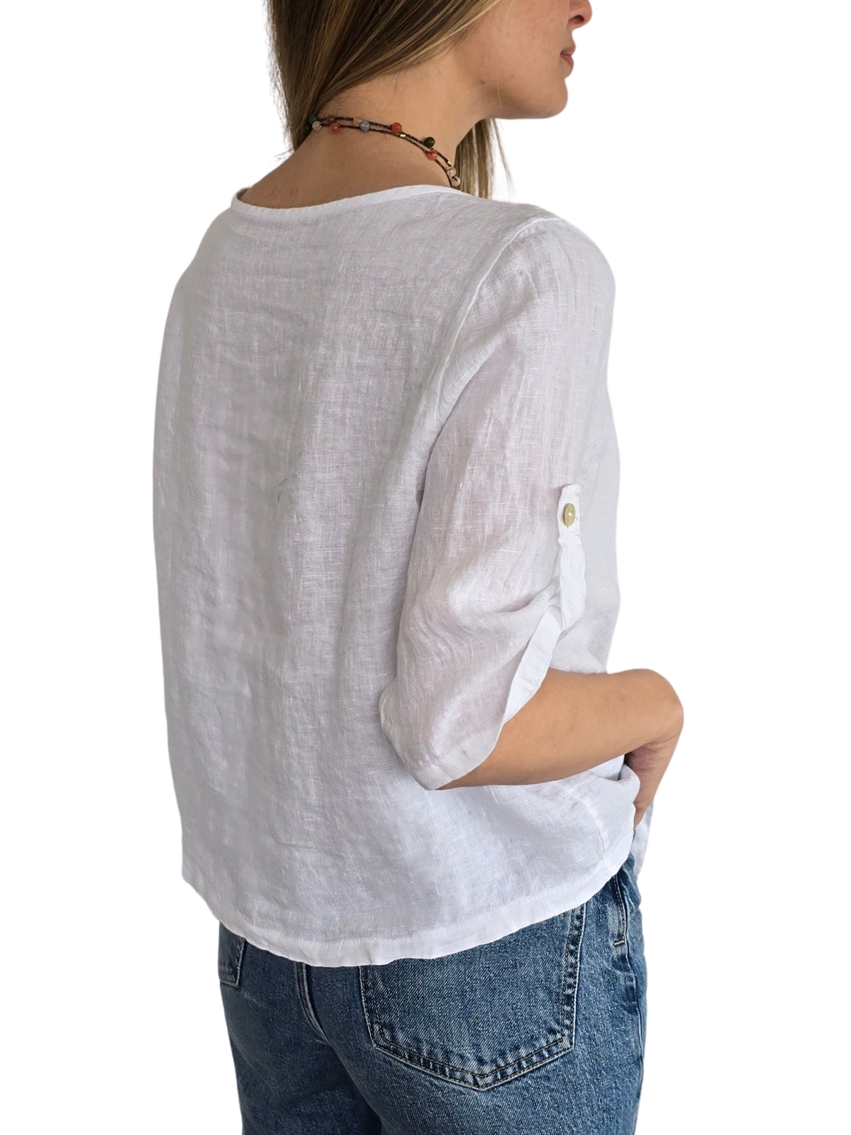 Blusa Italiana 100% Lino Botones, color Blanco