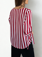 Blusa Rayada escote en V, color Rojo con Blanco