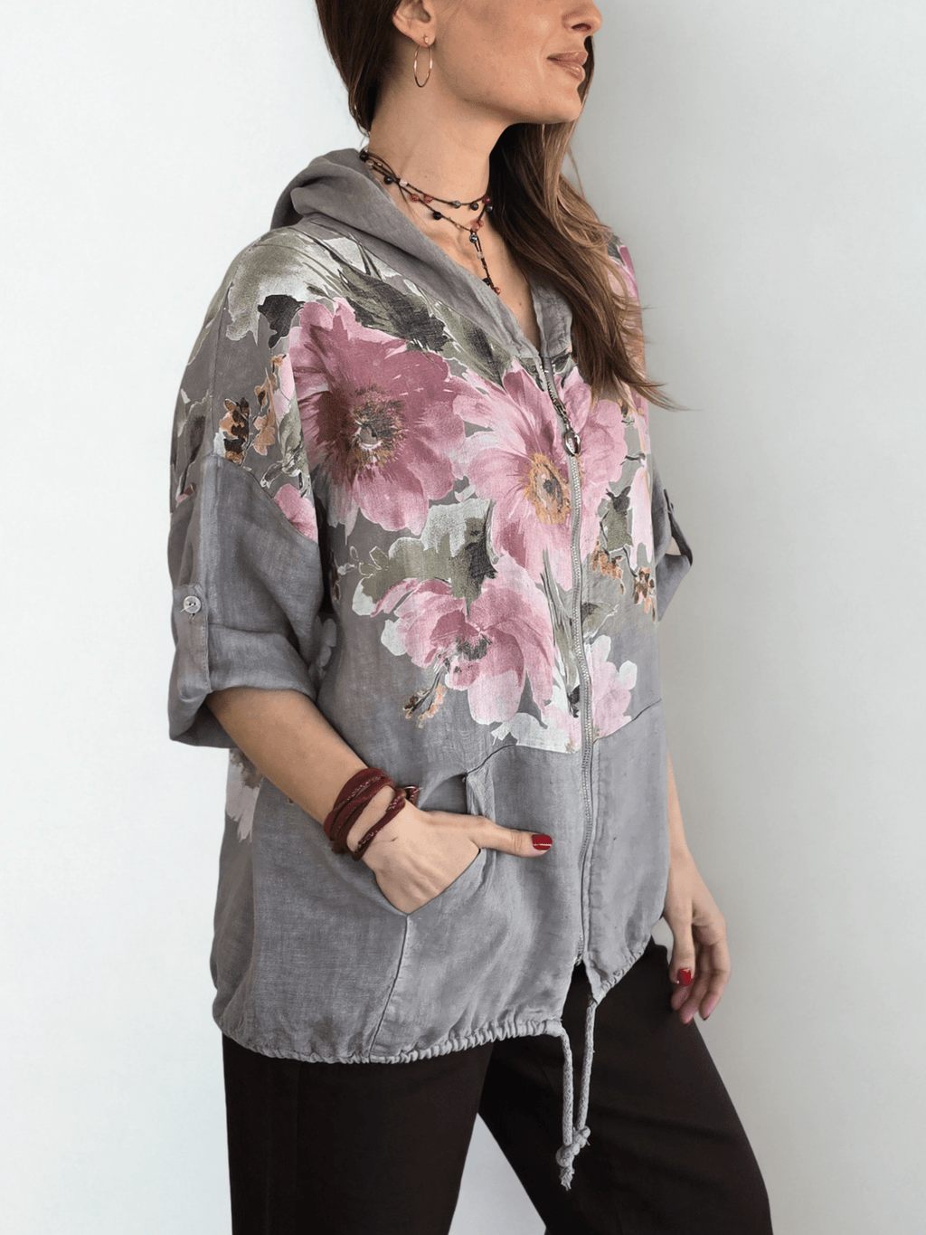 Chaqueta Italiana 100% Lino Estampado, fondo Taupe