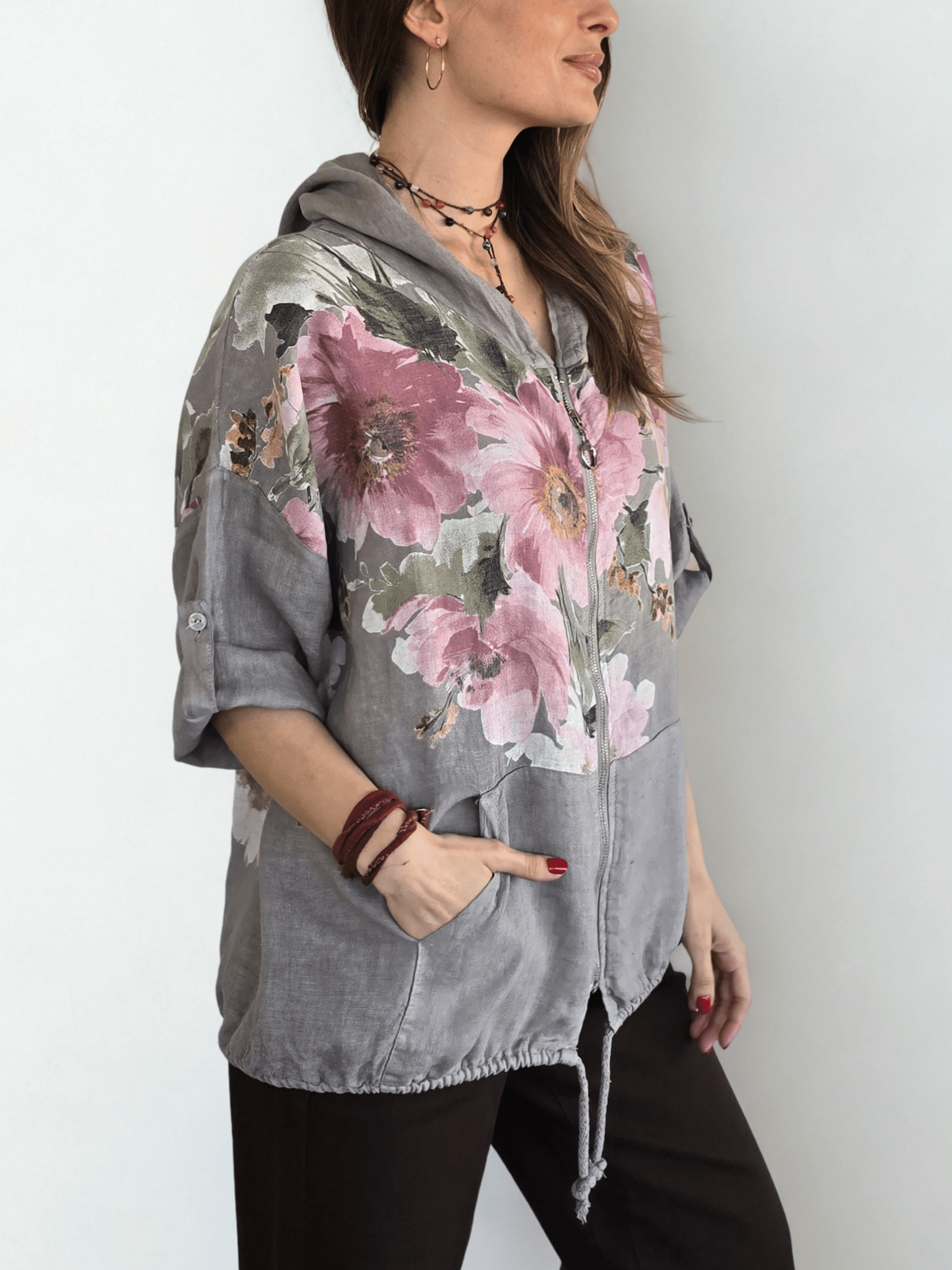 Chaqueta Italiana 100% Lino Estampado, fondo Taupe