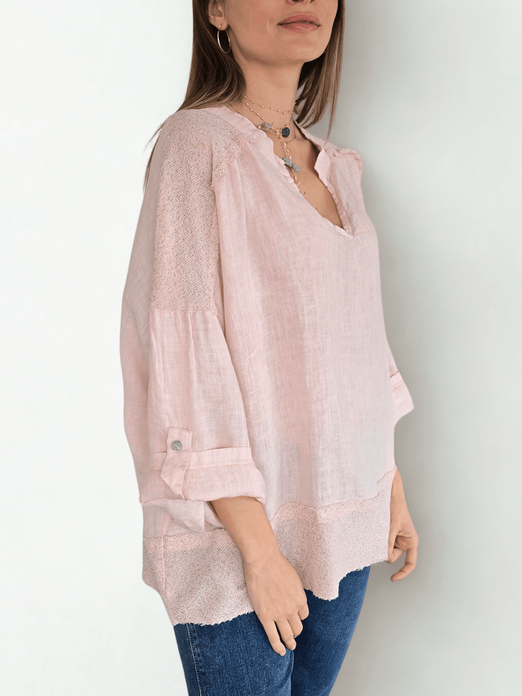 Blusa 100%Lino Italiano escote en V, color Rosado