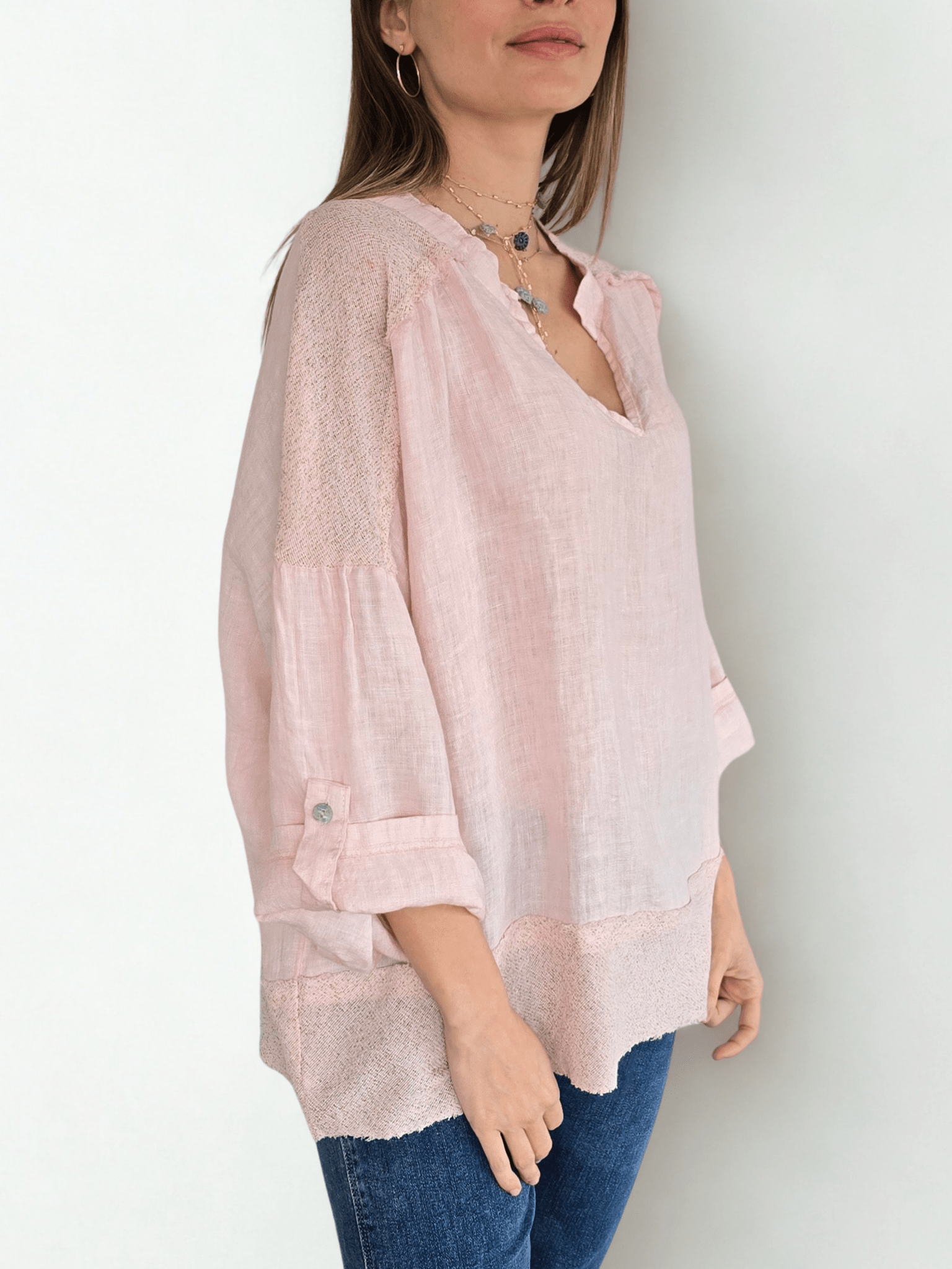 Blusa 100%Lino Italiano escote en V, color Rosado