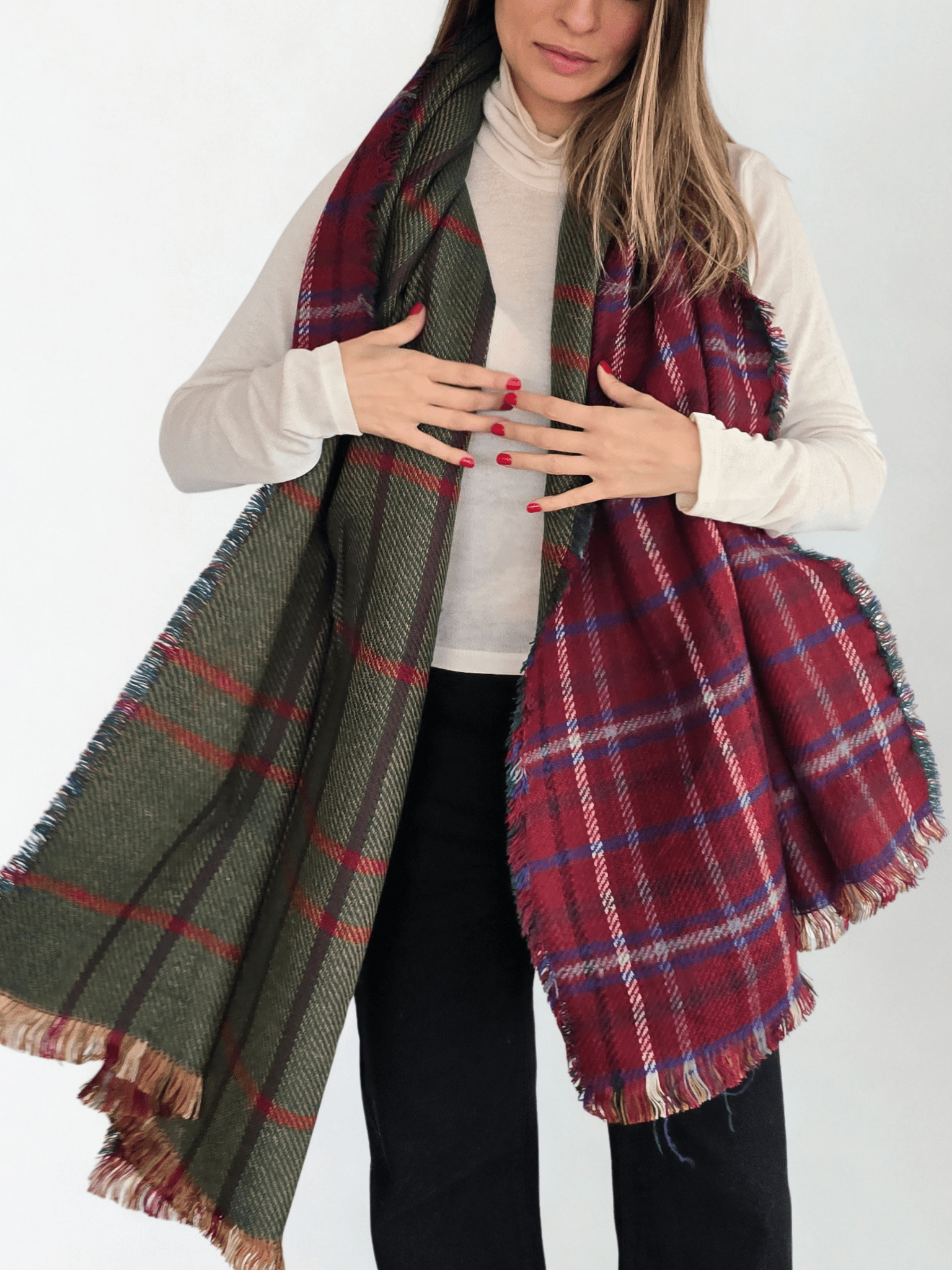 Bufanda Escocesa Reversible, color Burdeo con Verde