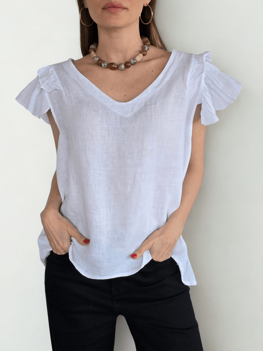 Blusa Italiana 100% Lino Mangas Irregulares, color Blanco