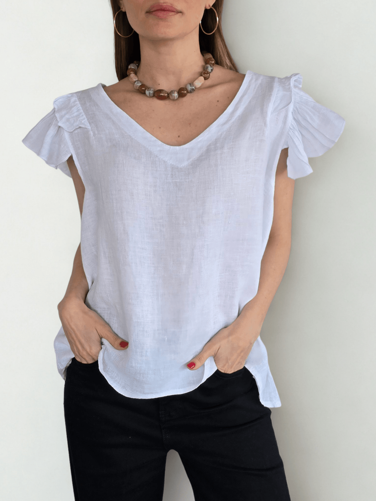 Blusa Italiana 100% Lino Mangas Irregulares, color Blanco
