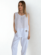 Blusa 100% Lino Italiano Botón, color Blanco