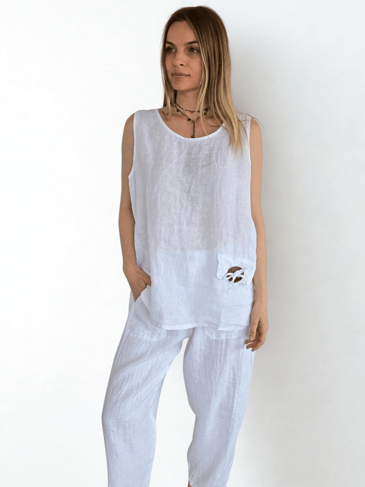 Blusa 100% Lino Italiano Botón, color Blanco