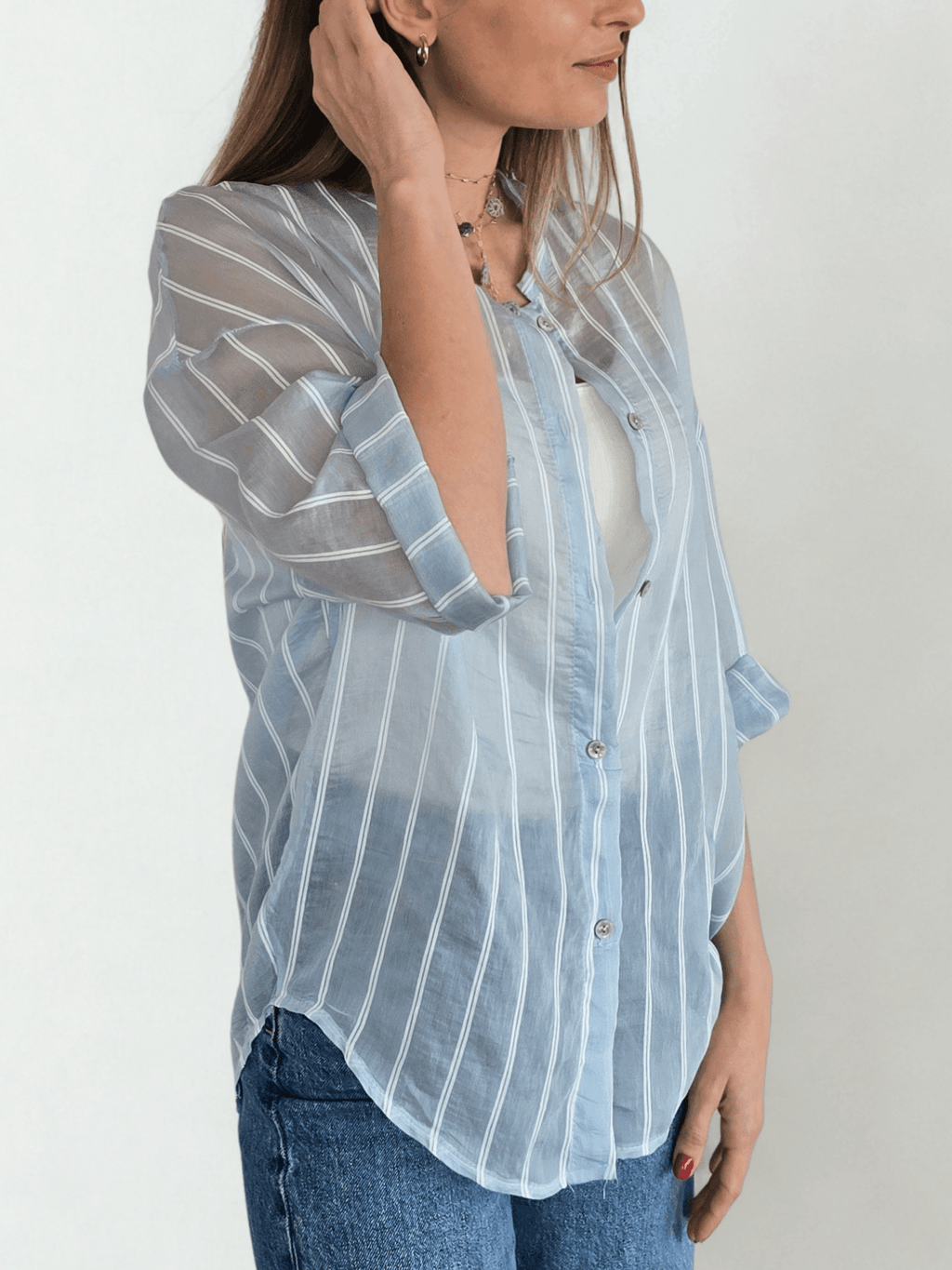 Blusa Italiana Rayada, fondo Celeste