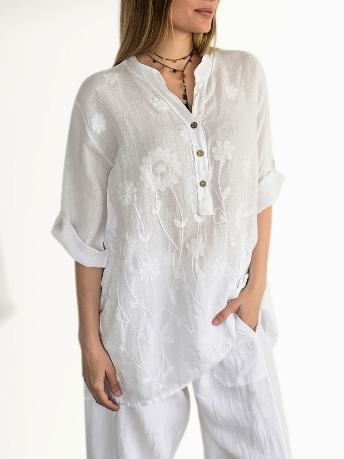 Blusa Italiana Bordada, color Blanco