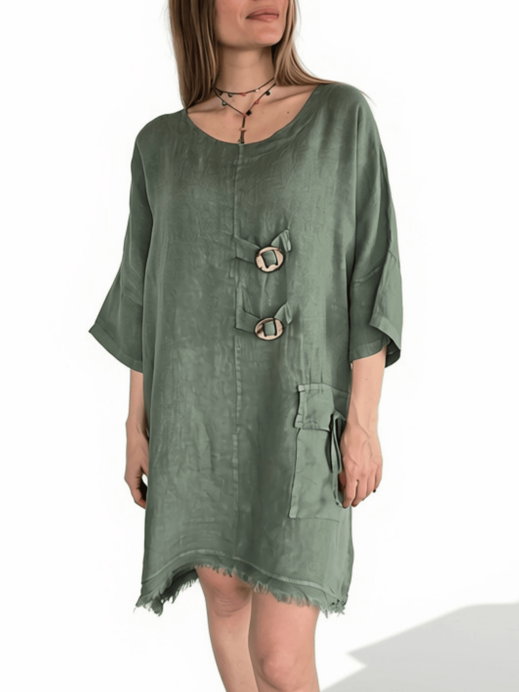 Vestido Italiano 100% Lino dos Botones, color Verde