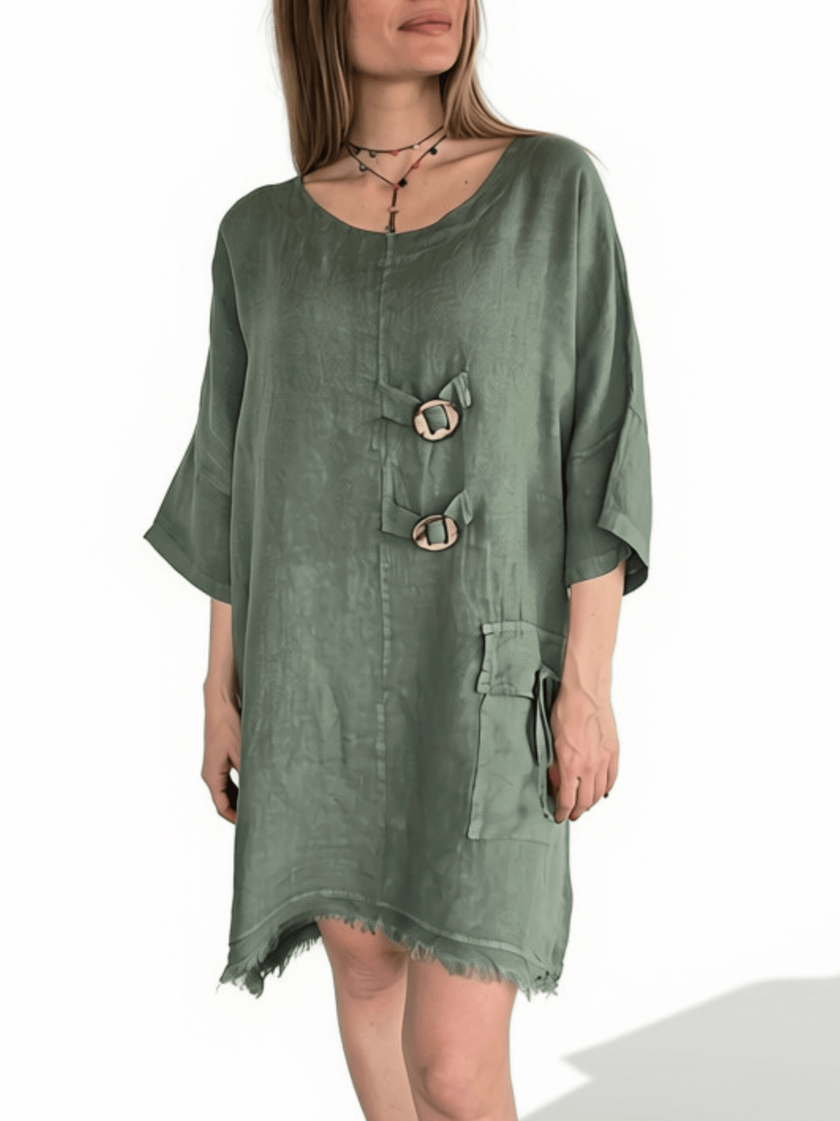 Vestido Italiano 100% Lino dos Botones, color Verde