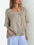 Blusa Italiana 100% Lino dos Bolsillos, color Beige