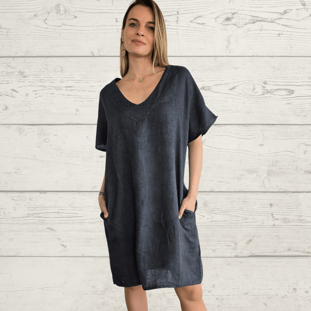 Vestido de Lino Italiano escote en V, color Gris