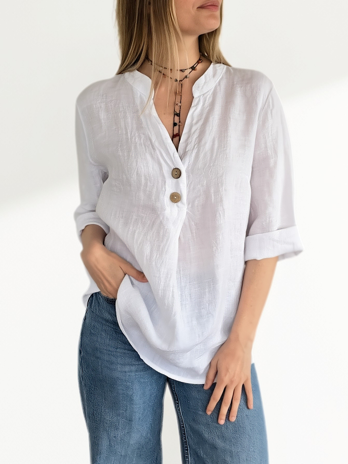 Blusa Italiana 100% Lino dos Botones, color Blanco