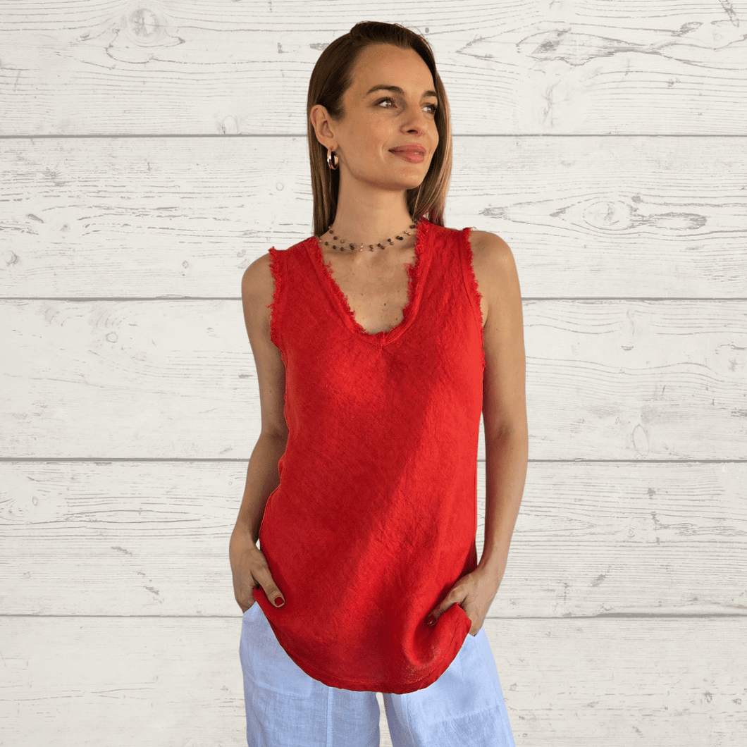 Blusa Italiana sin mangas desflecada, color Rojo