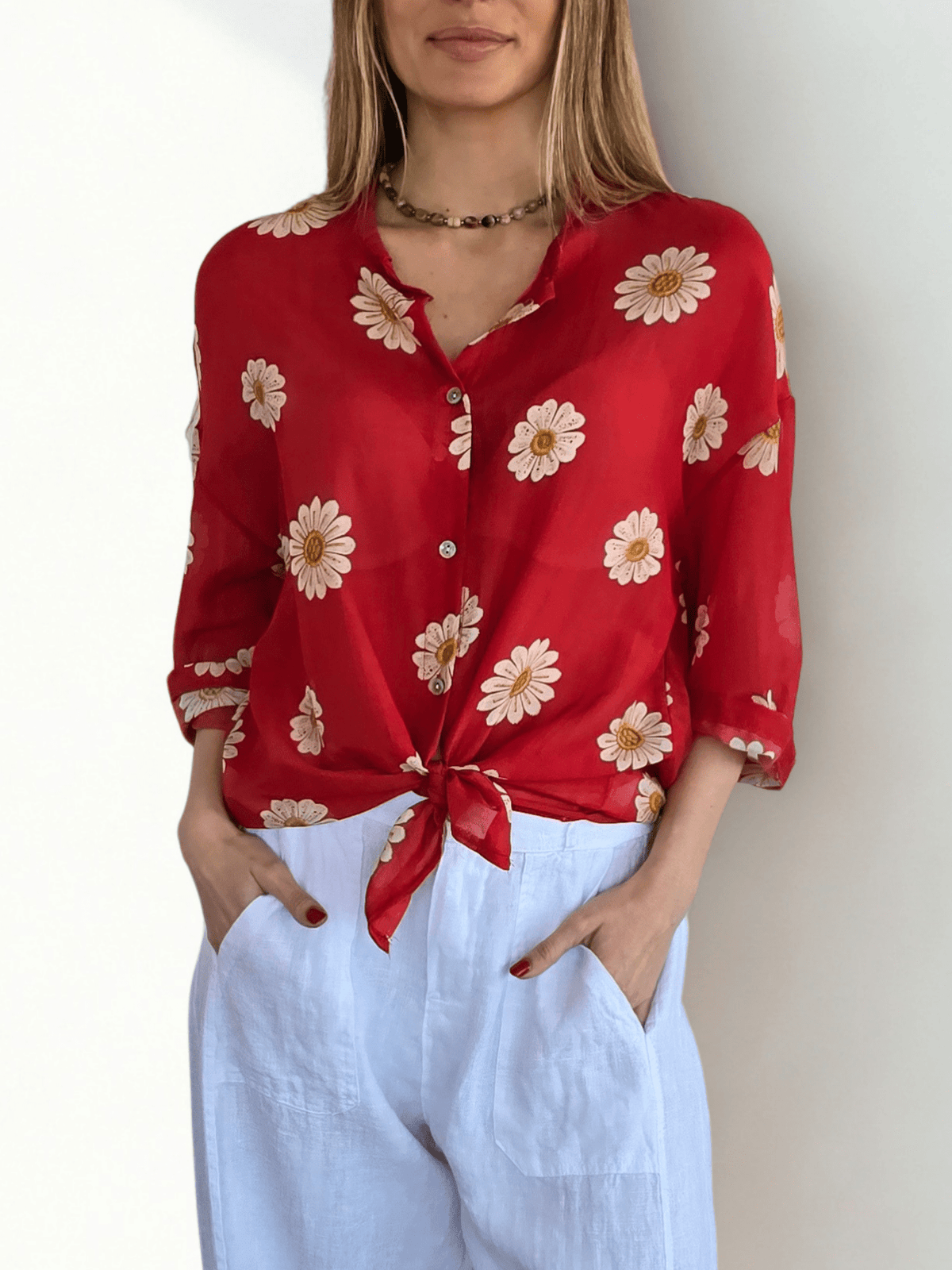 Blusa Italiana con Flores, fondo Rojo