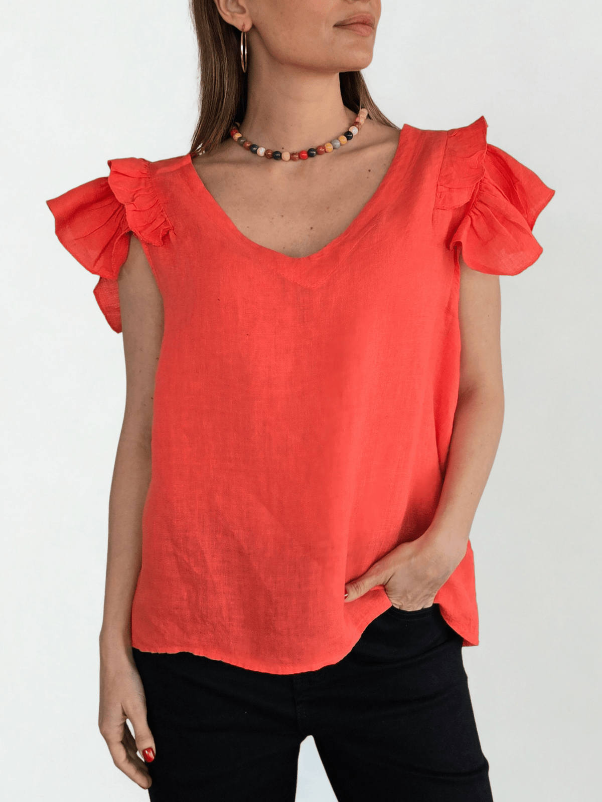 Blusa Italiana 100%Lino Mangas Irregulares, color Coral