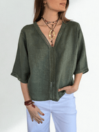 Blusa 100% Lino Italiano Pasamanería, color Verde