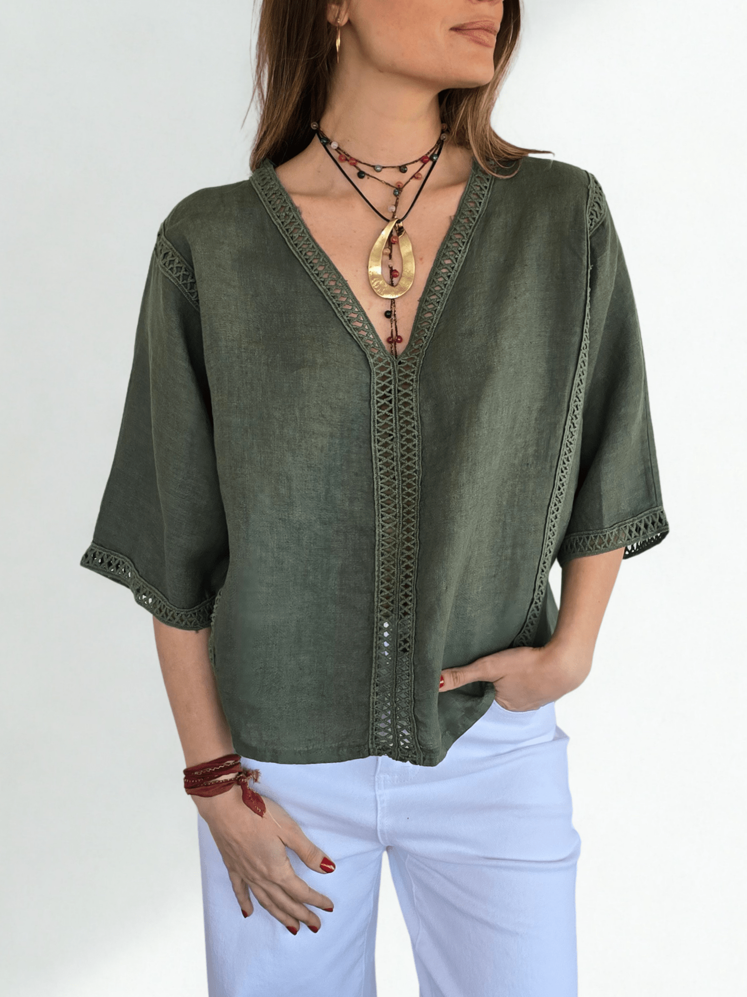 Blusa 100% Lino Italiano Pasamanería, color Verde