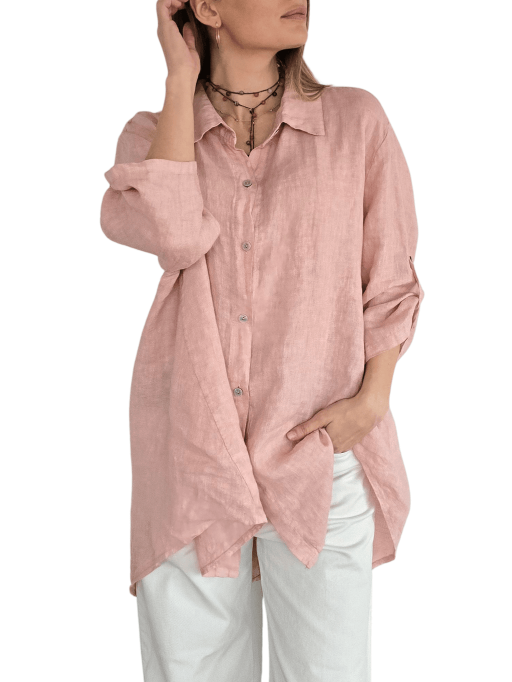 Blusa Italiana ancha 100% Lino, color Rosado