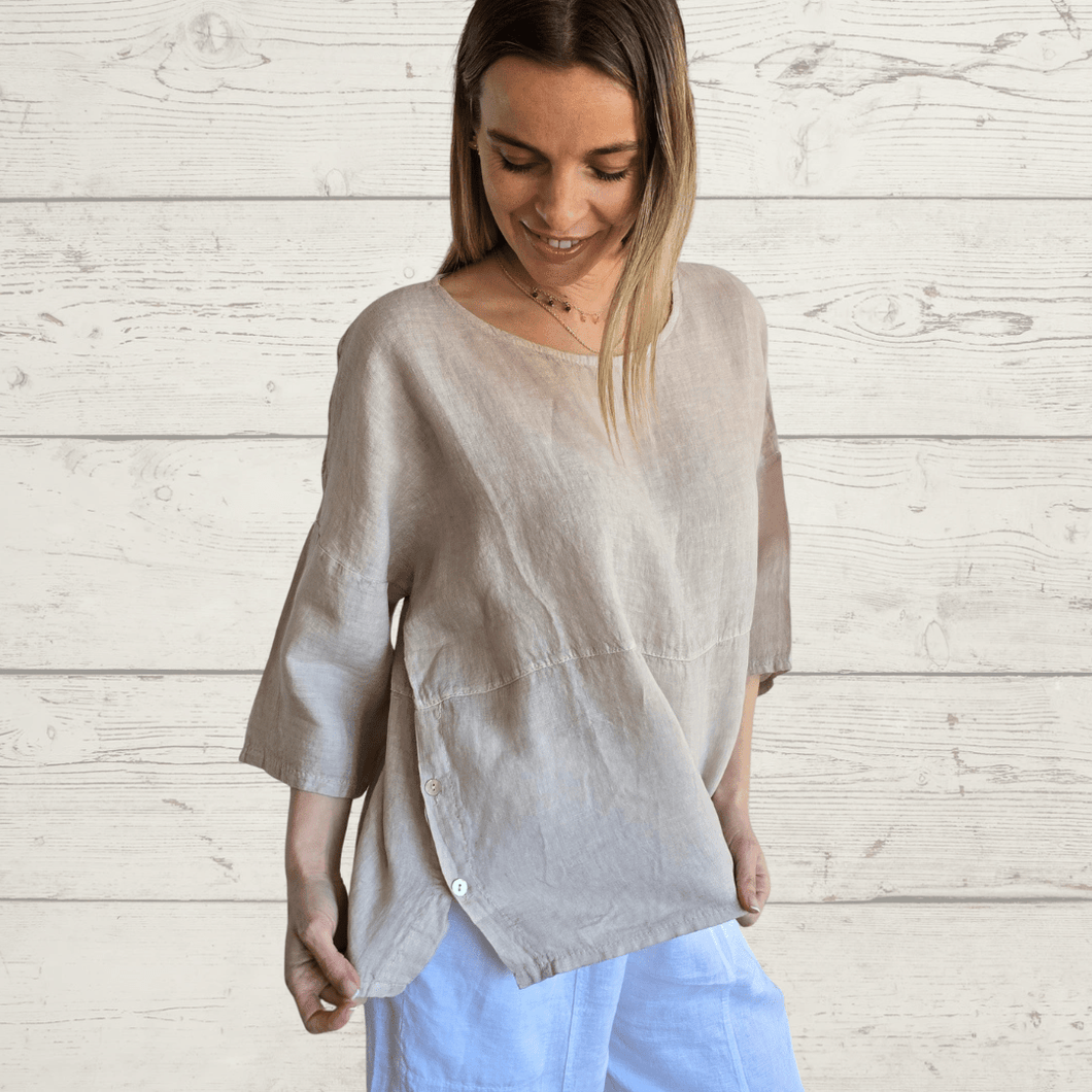 Blusa 100% Lino Italiano con botones a los lados, color Beige
