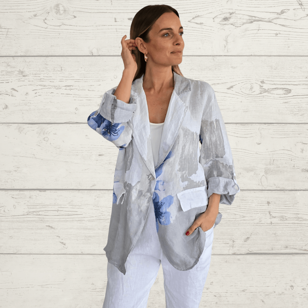 Chaqueta Blazer de Lino Italiano, estampada, fondo Blanco