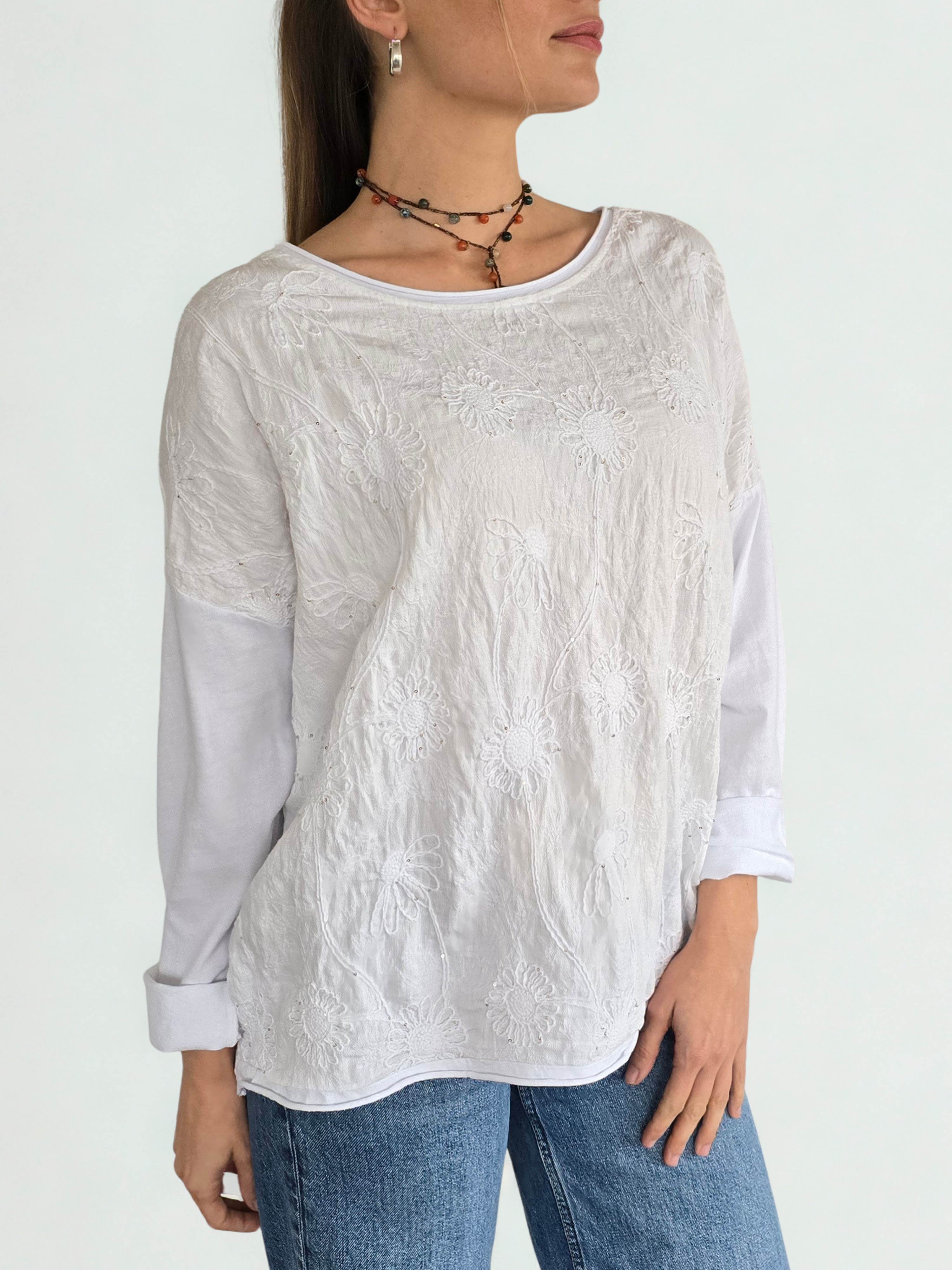 Blusa Italiana Bordada, color Blanco