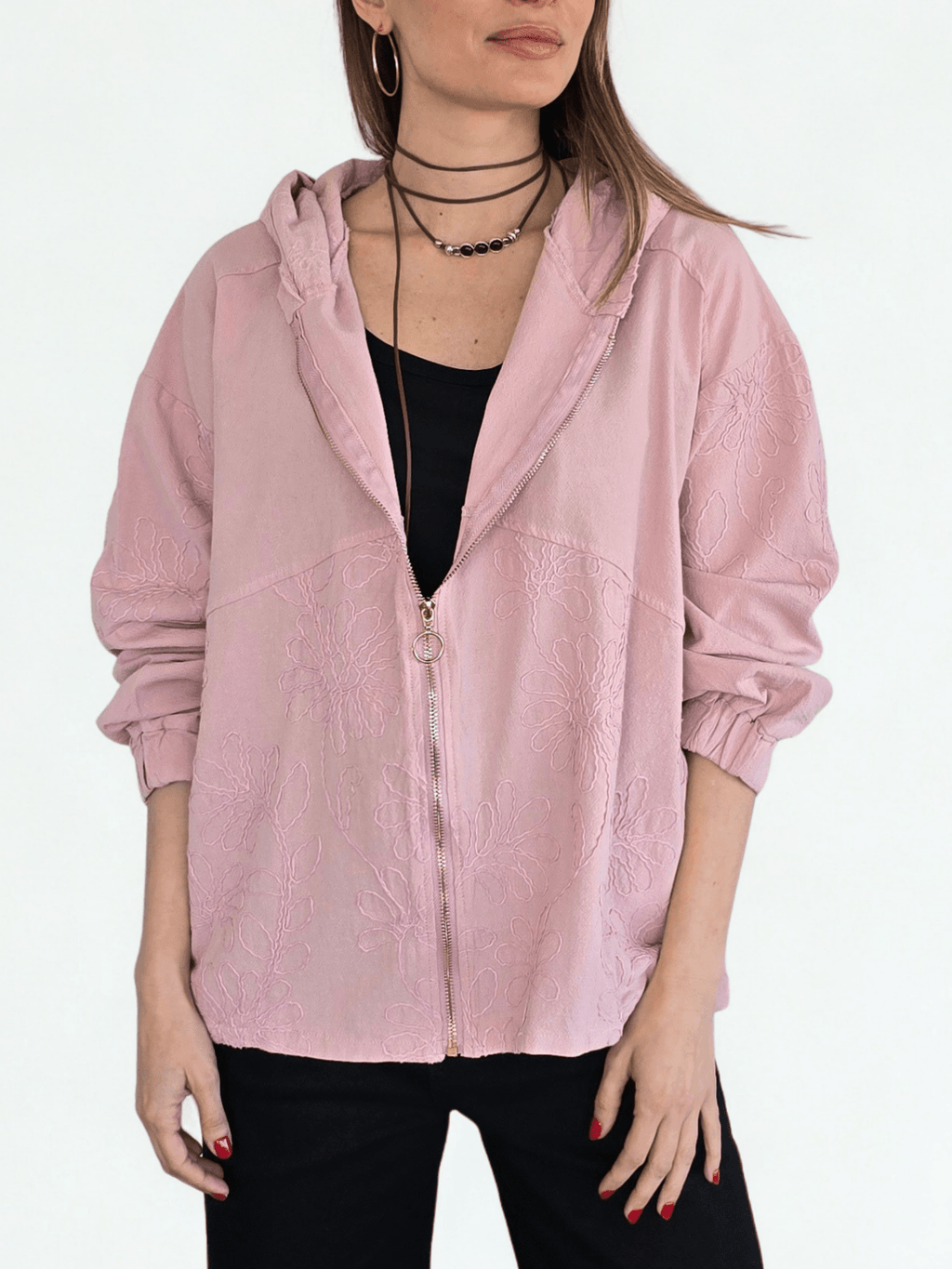 Chaqueta Bordada con Gorro, color Rosado