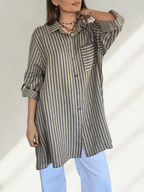Blusa/Vestido Italiano 100% Lino Rayado, fondo Taupe