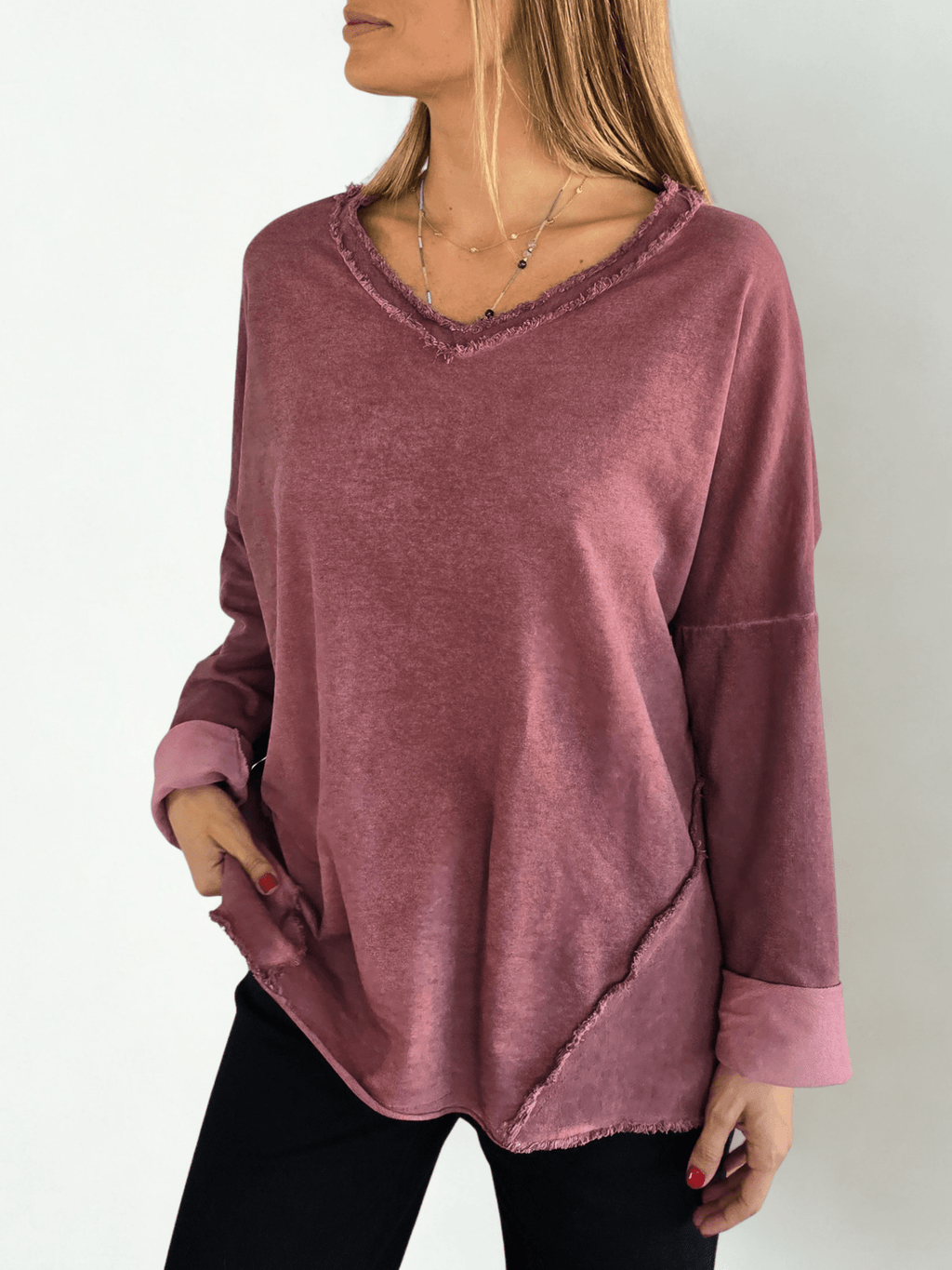Sweater Polerón Teñido con desflecado, color Burdeo