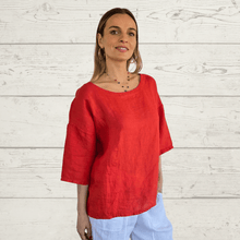 Cargar imagen en el visor de la galería, Blusa 100% Lino Italiano cuello redondo, color Rojo
