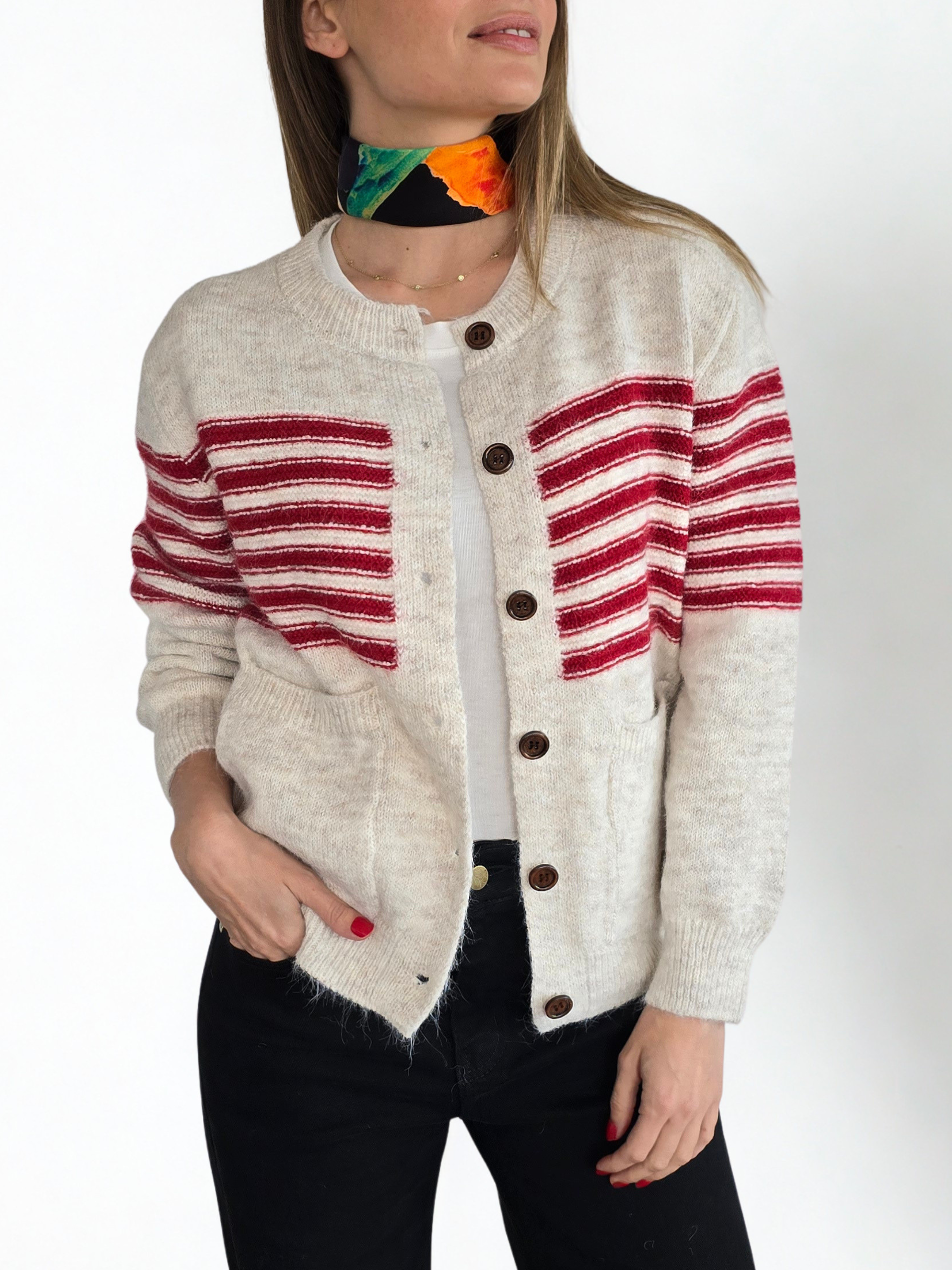 Chaleco con Rayas, color Beige con Rojo