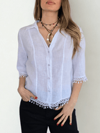 Blusa Italiana 100% Lino Bordada, color Blanco
