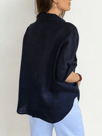 Blusa Italiana 100% Lino dos Bolsillos, color Azul Marino