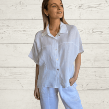 Cargar imagen en el visor de la galería, Blusa 100% Lino Italiano manga corta, color Blanco
