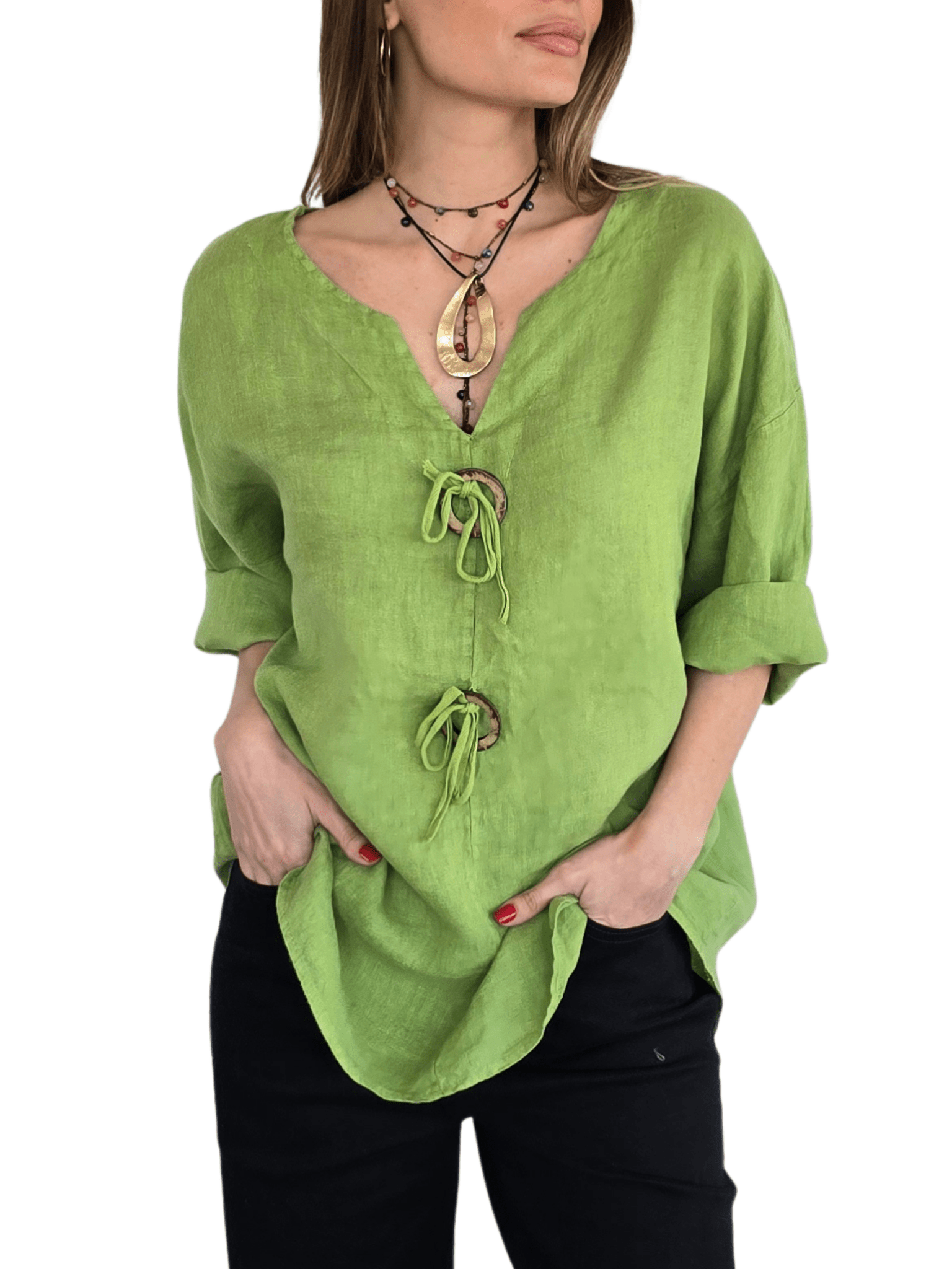 Blusa Italiana 100% Lino, dos botones, color Pistacho