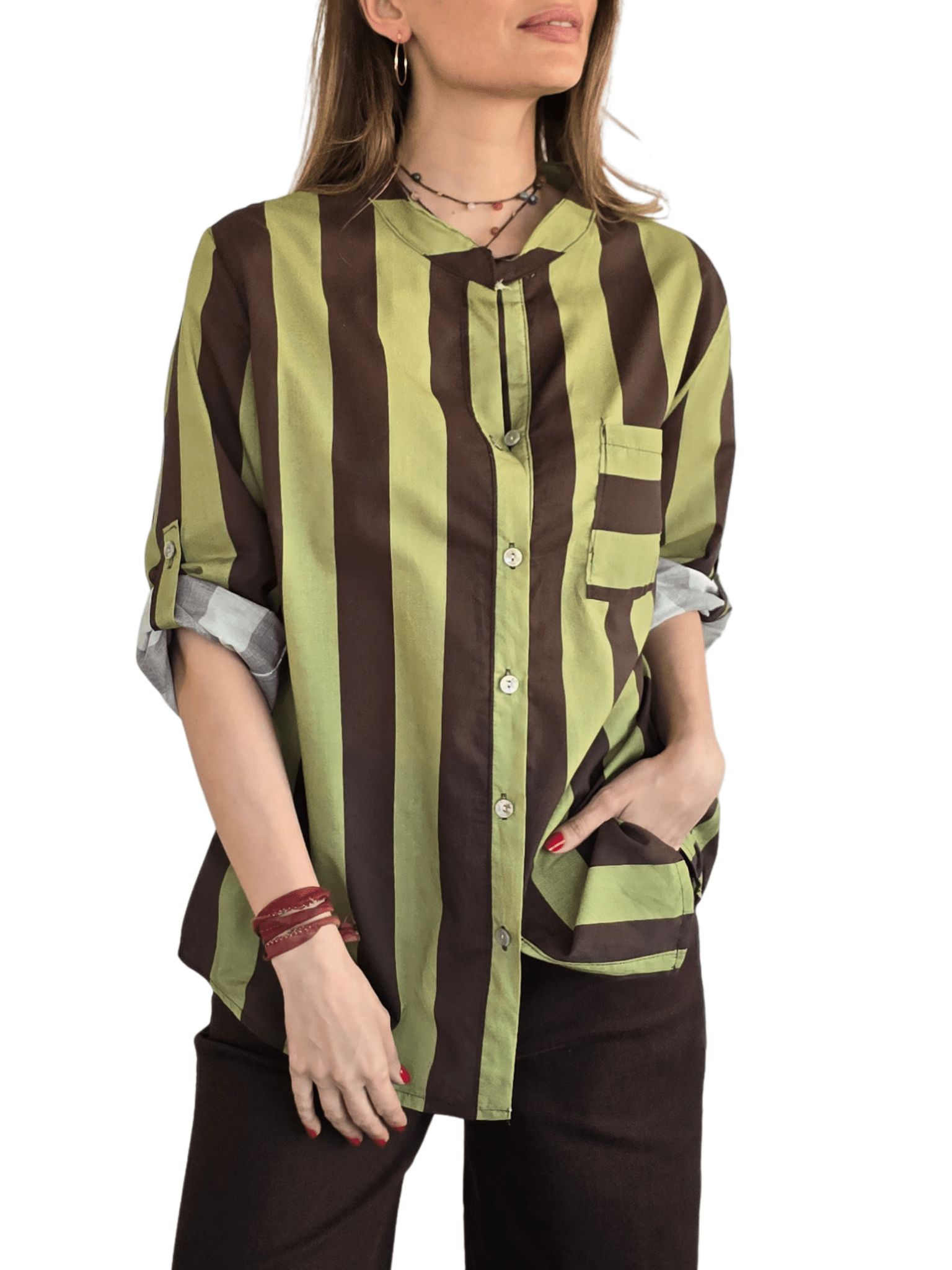 Blusa Italiana Rayada un bolsillo, color Chocolate con Pistacho