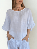 Blusa Italiana 100% Lino con Vuelos, color Blanco