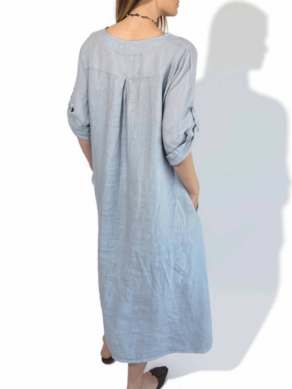 Vestido Italiano 100% Lino Botones, color Gris