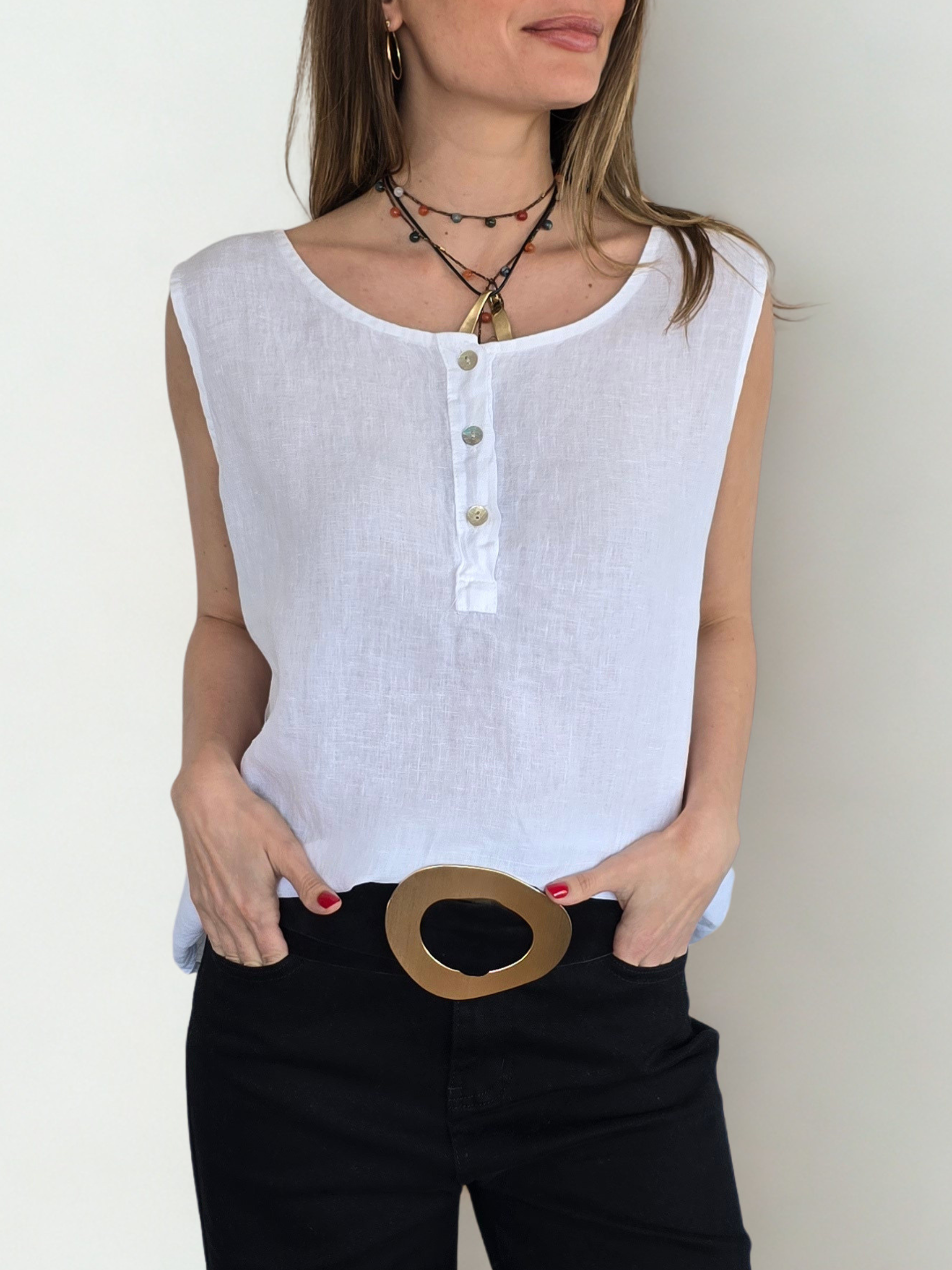 Blusa Italiana 100% Lino, sin mangas, color Blanco