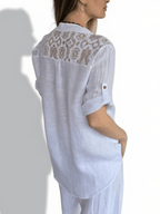 Blusa Italiana Lino Canesú Bordado, color Blanco