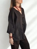 Blusa Italiana 100% Lino, dos botones, color Café