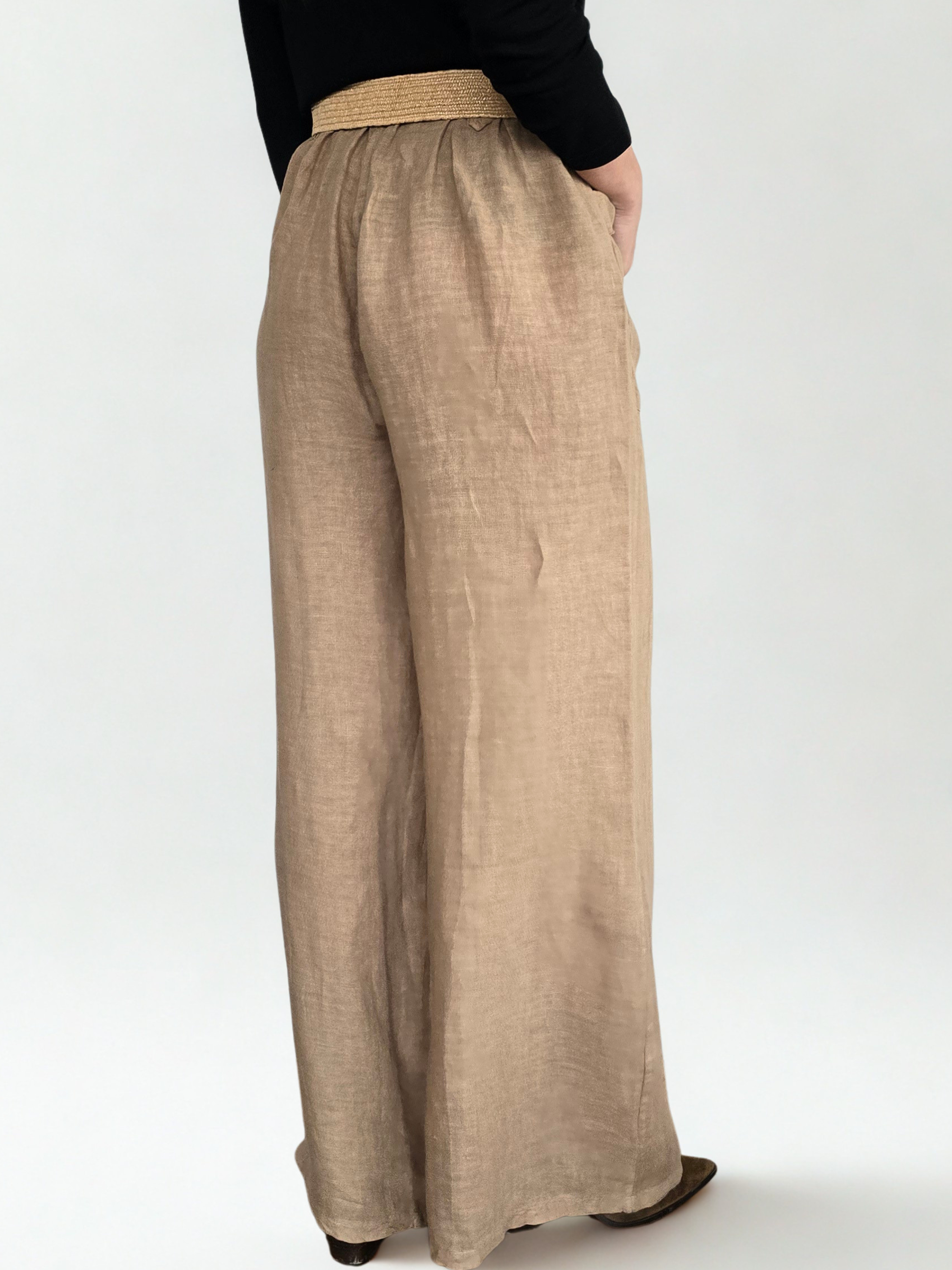 Pantalón de Lino Italiano con Cinturón, color tostado