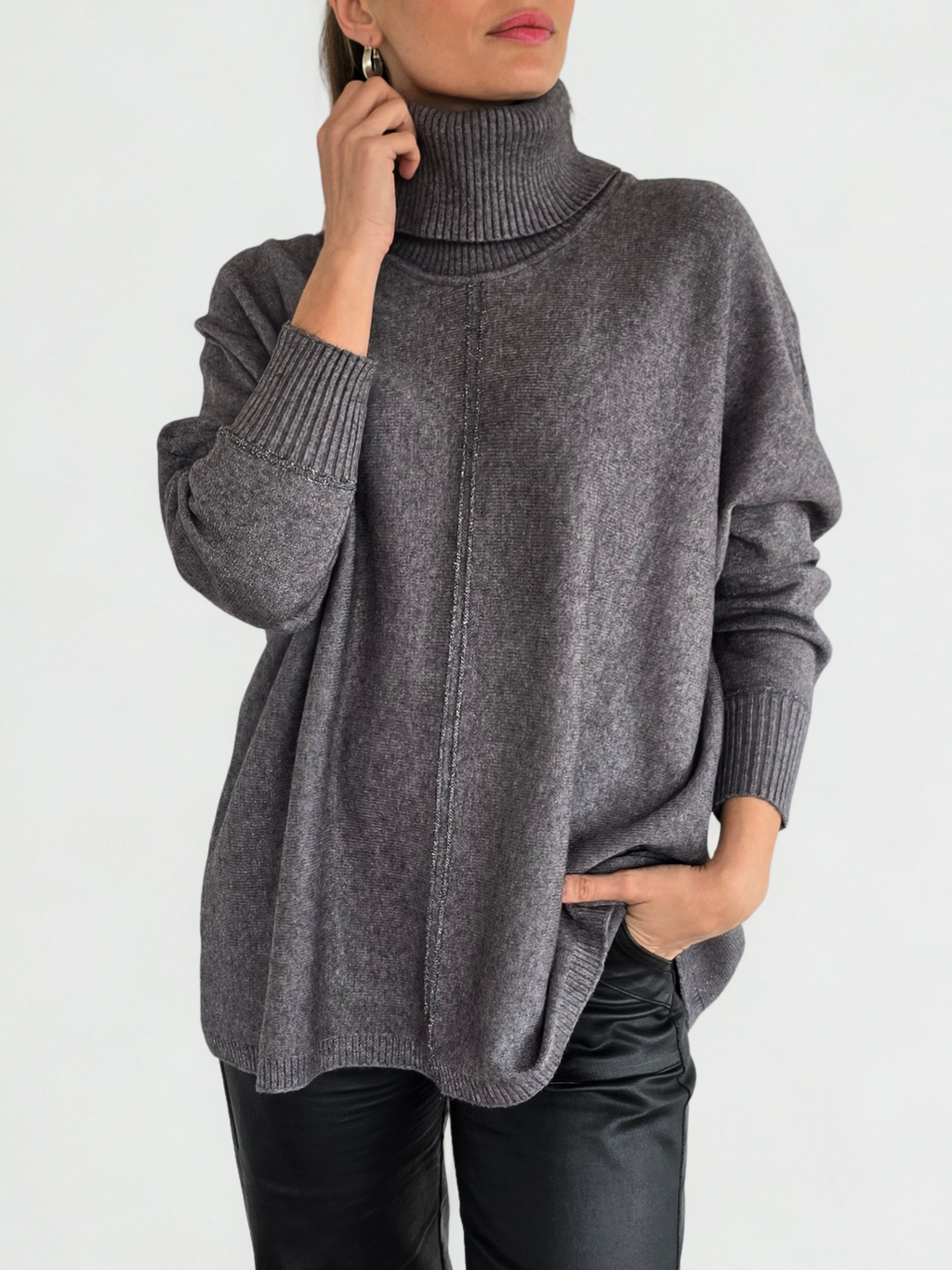 Sweater cuello subido Ribete, color Gris