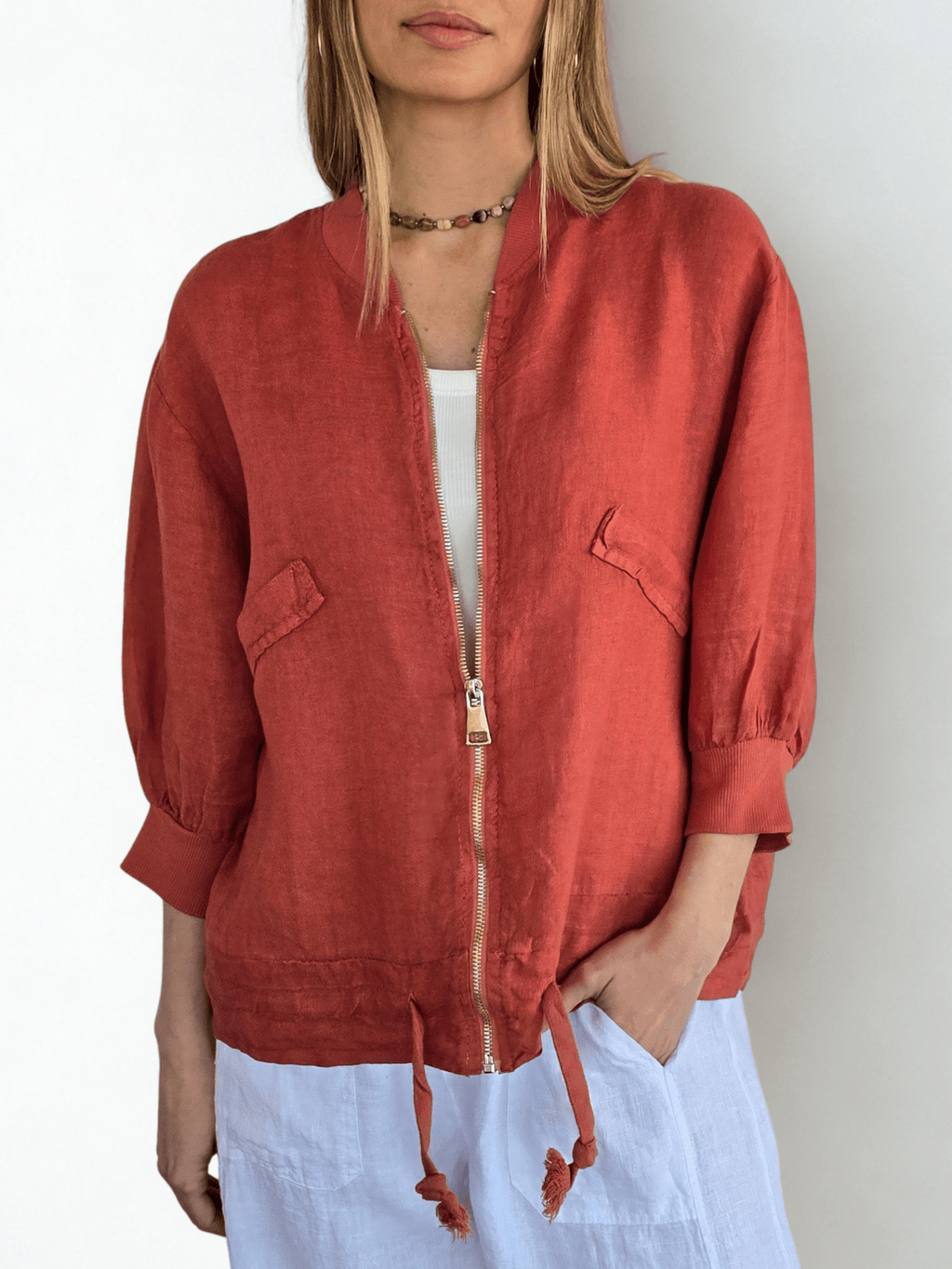 Chaqueta Bomber Italiana 100% Lino, color Terracota