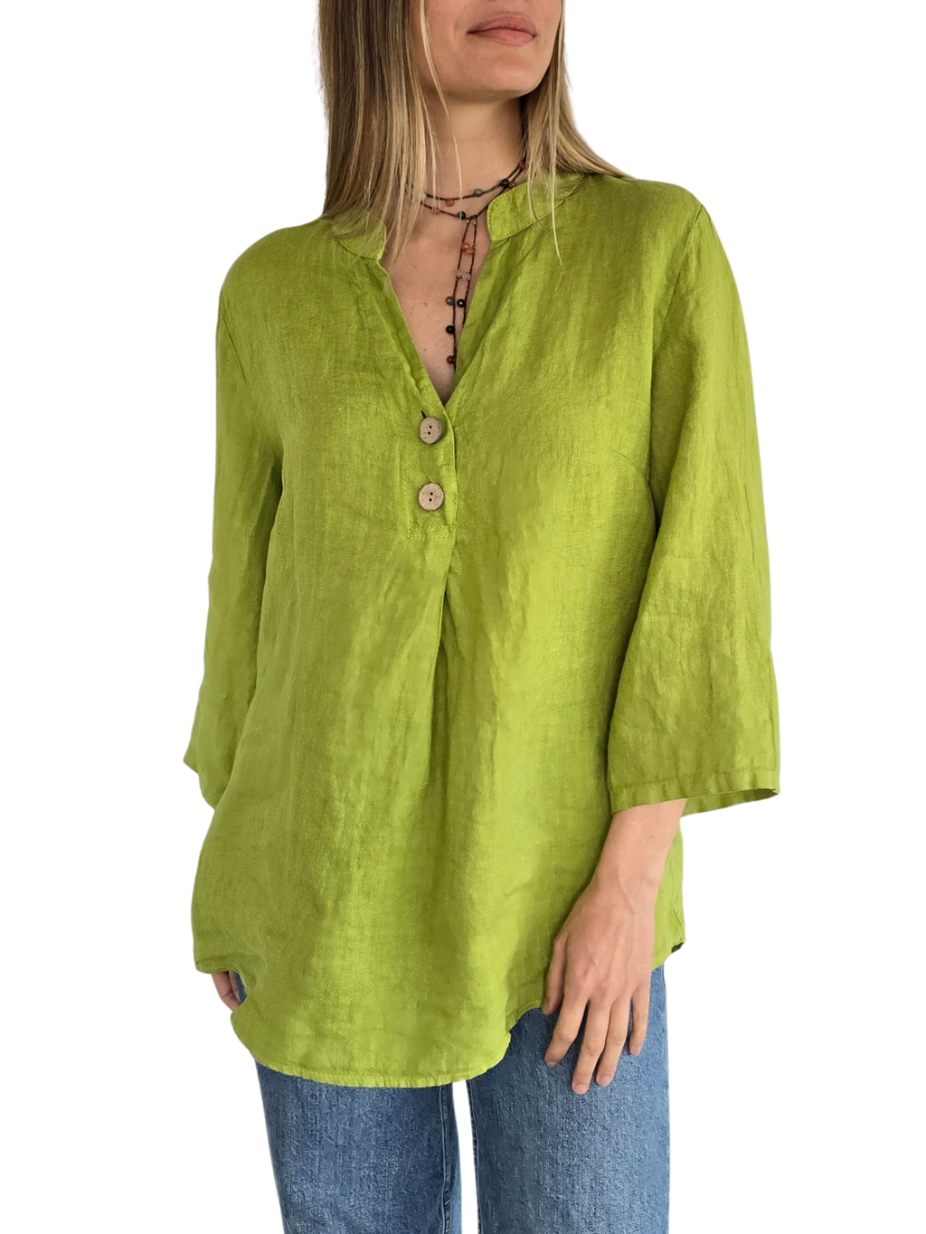 Blusa Italiana 100% Lino dos Botones, color Pistacho